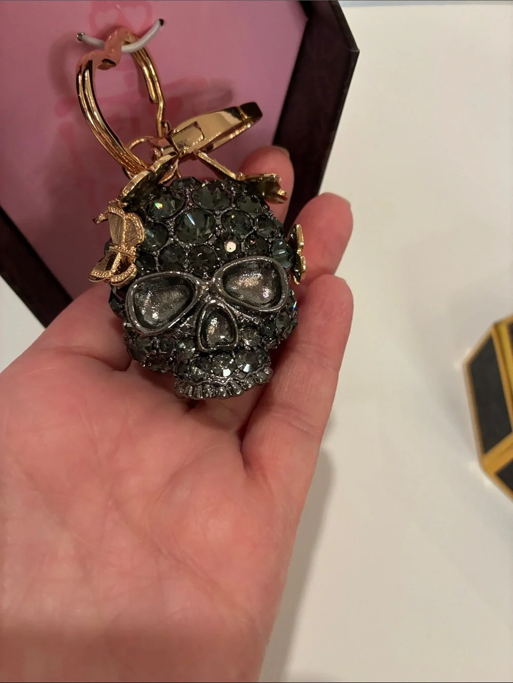 Betsey Johnson Black Crystal Skull with Gold Butterflies with Gold Hardware